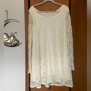 Ivory Lace Boatneck A-Line Mini Dress With Long Sleeves